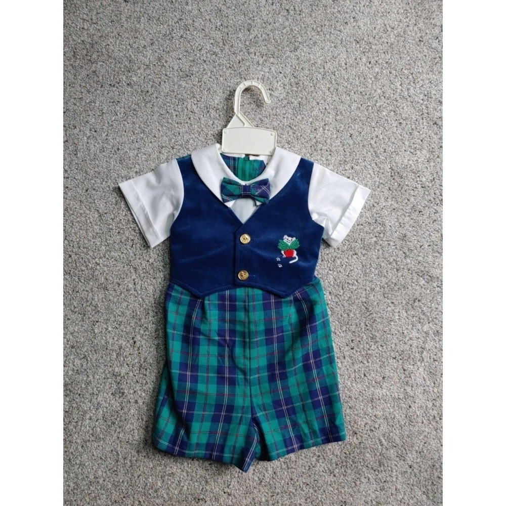 Vintage Winnie The Pooh 12M Boy Tartan Plaid Classic Crest Vest Romper Bow Tie